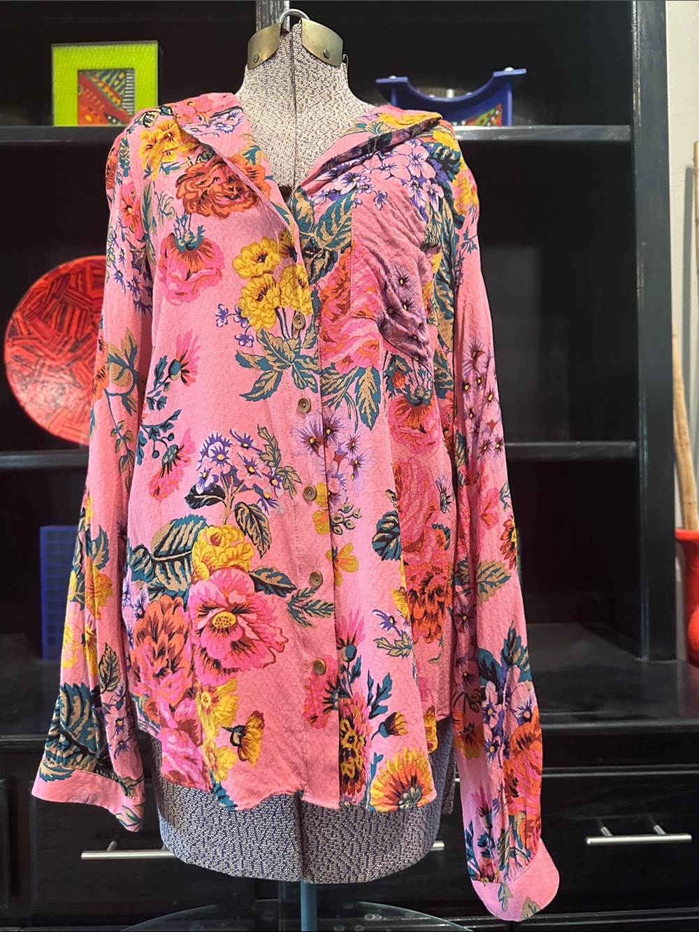 Maeve - Anthropologie Pink Floral Button-Down Blouse with Yellow & Green Accents